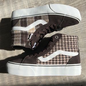 Vans | High Top Stackform | LIKE NEW Brown & Tan Plaid and Houndstooth | W 7.5